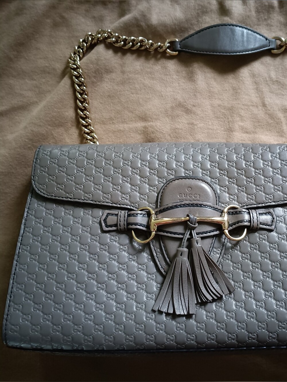 Gucci Gray Embossed Leather Shoulder Bag with Tassel & Gold Chain
